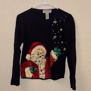 Holiday Santa Sequin Sweater - Black - Petite Medium